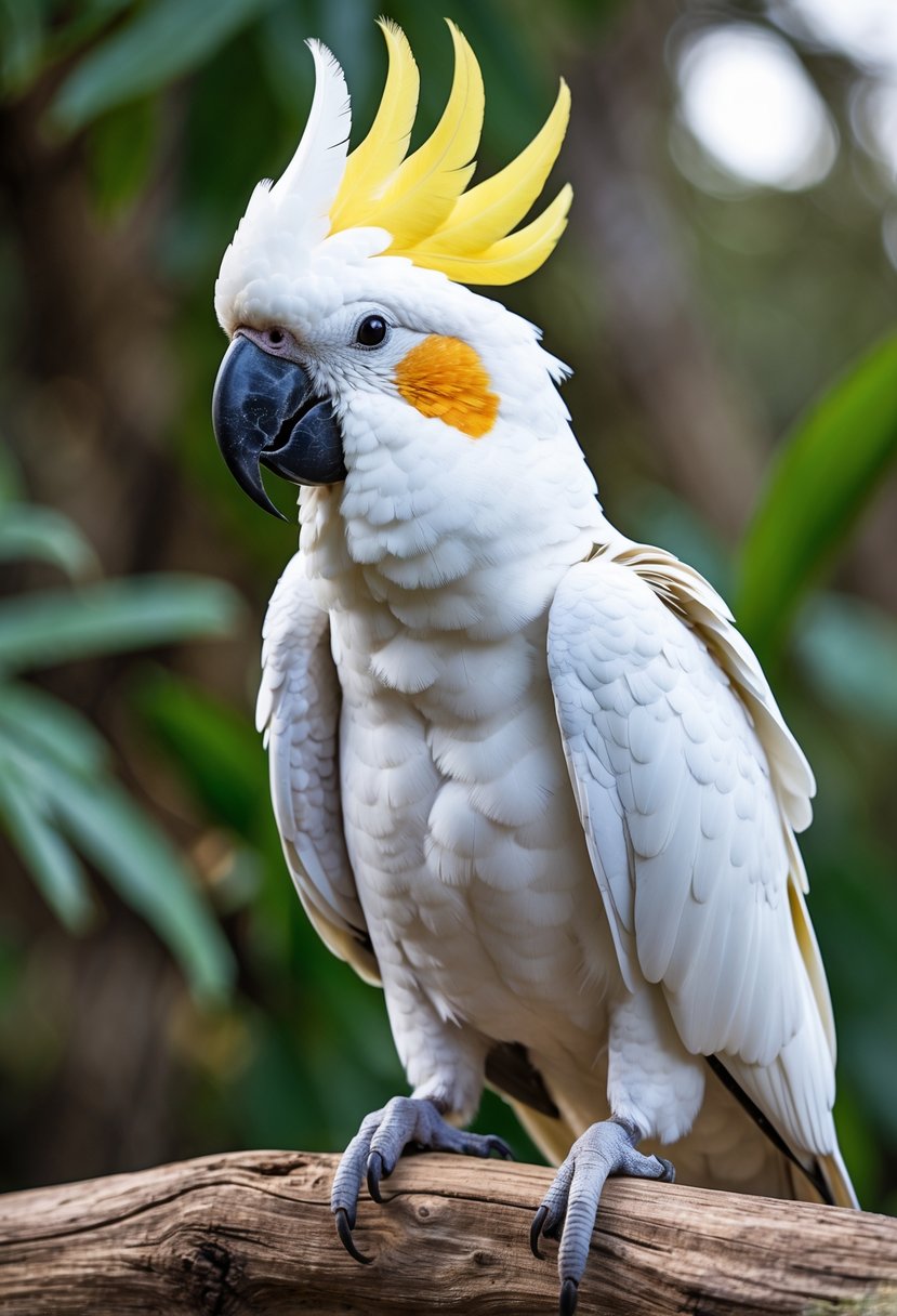 A white cockatoo with a yellow crest perched on a wooden branch surrounded by green leaves.