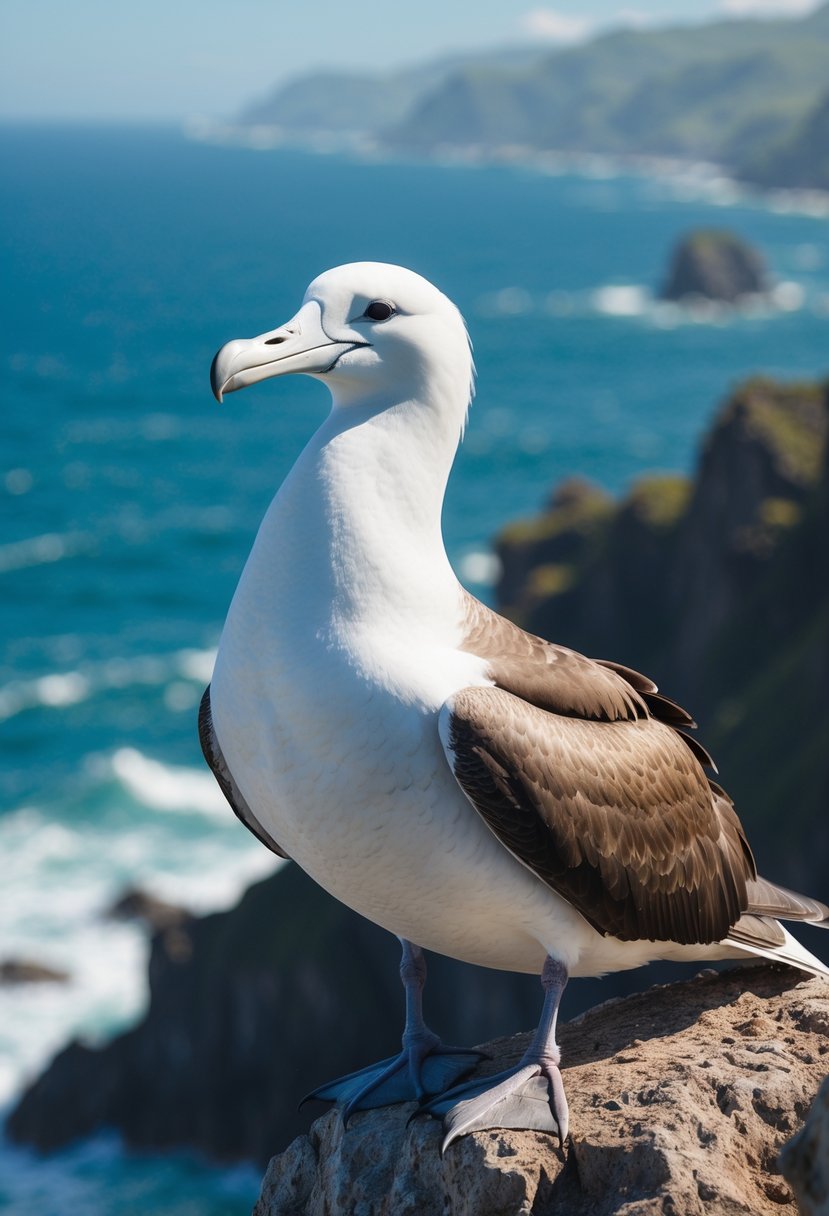 A Laysan albatross perched on a rocky cliff by the ocean under a clear sky.