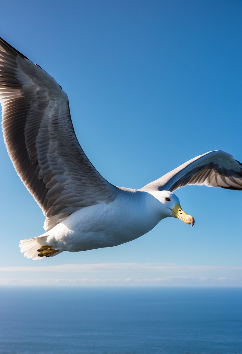 An albatross flying over the ocean with wings fully spread under a clear blue sky.