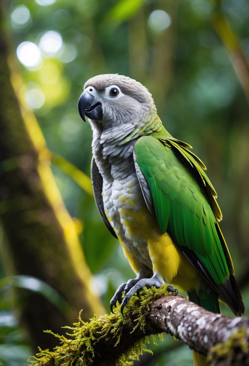 A kakapo parrot perched on a mossy branch in a green forest with sunlight filtering through the trees.