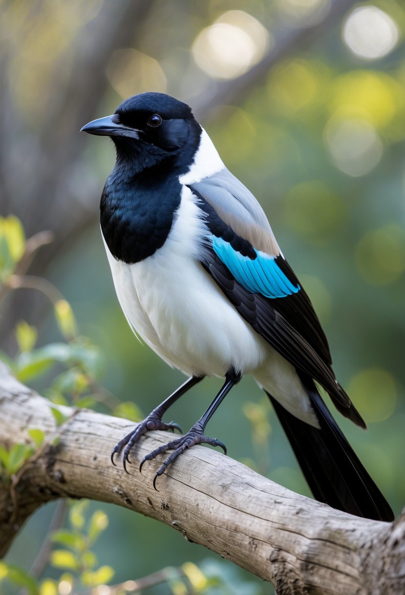 A magpie perched on a wooden branch with black and white feathers and iridescent highlights, surrounded by green foliage.