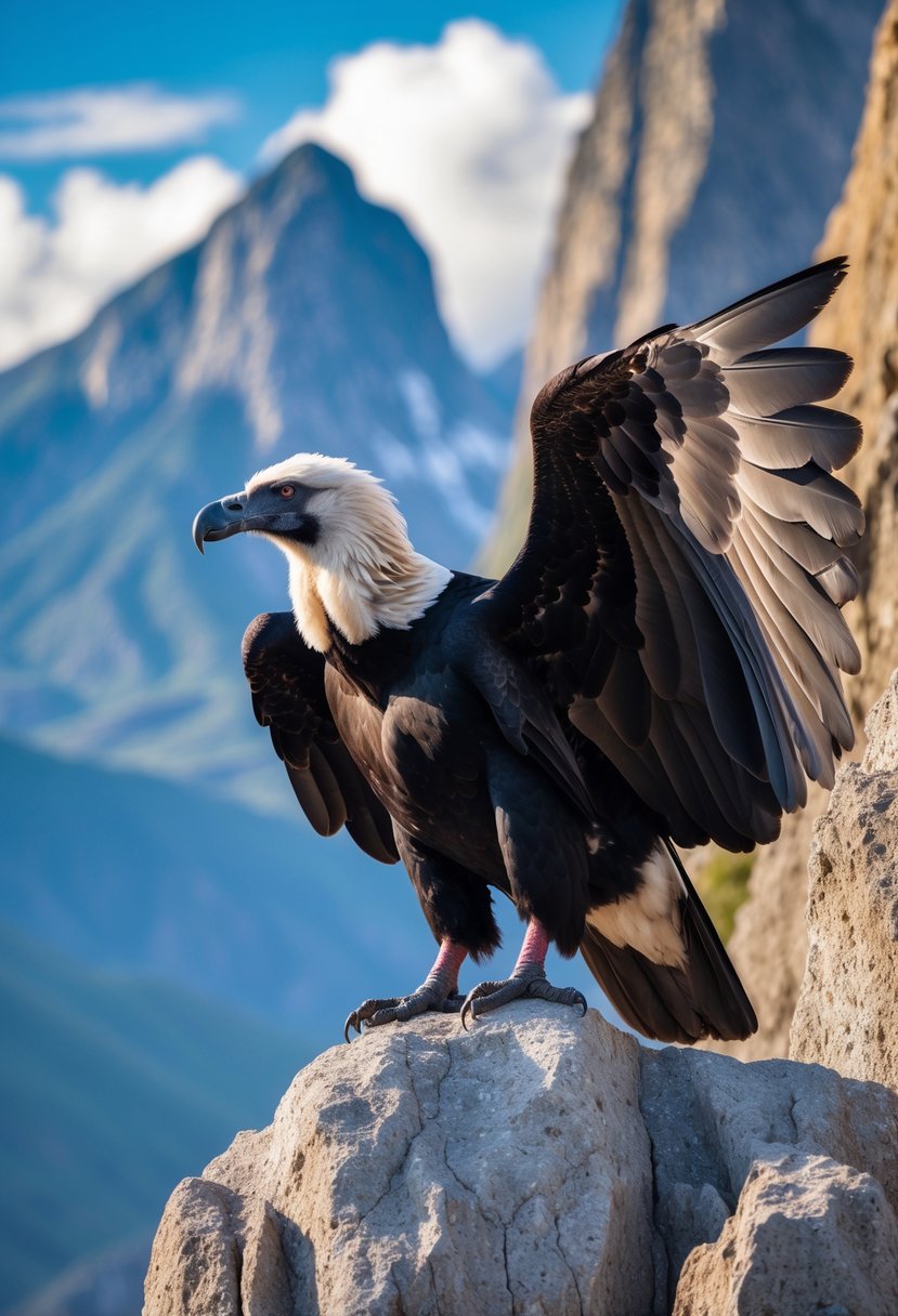 An Andean condor perched on a mountain cliff with the Andes mountains and blue sky in the background.
