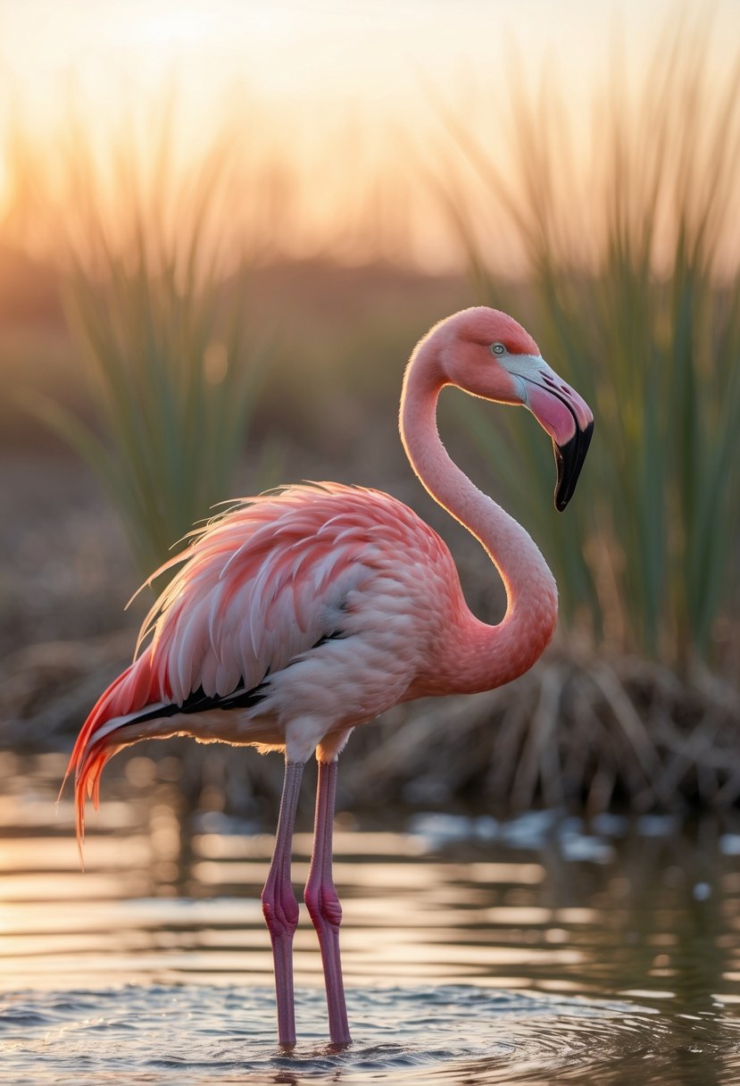An elderly flamingo standing in shallow water in a natural wetland environment during sunset.