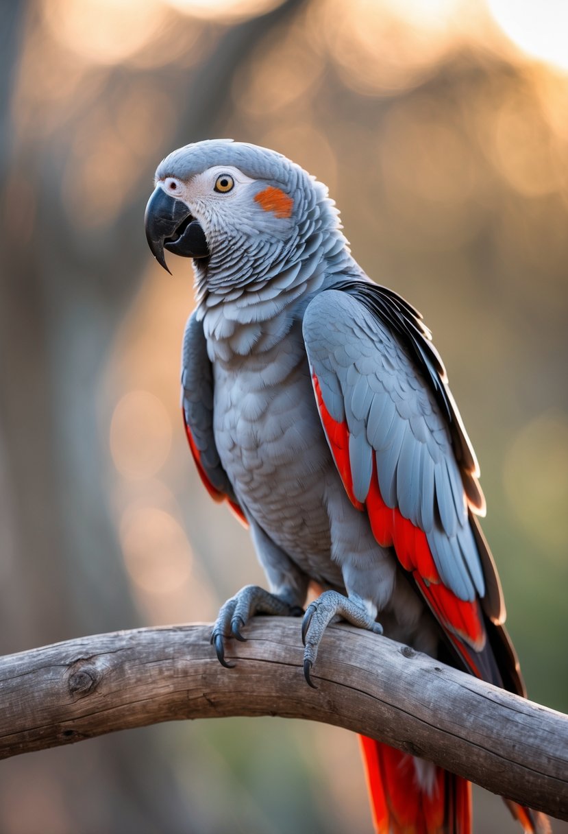 A grey parrot with red tail feathers perched on a wooden branch, looking calmly to the side.
