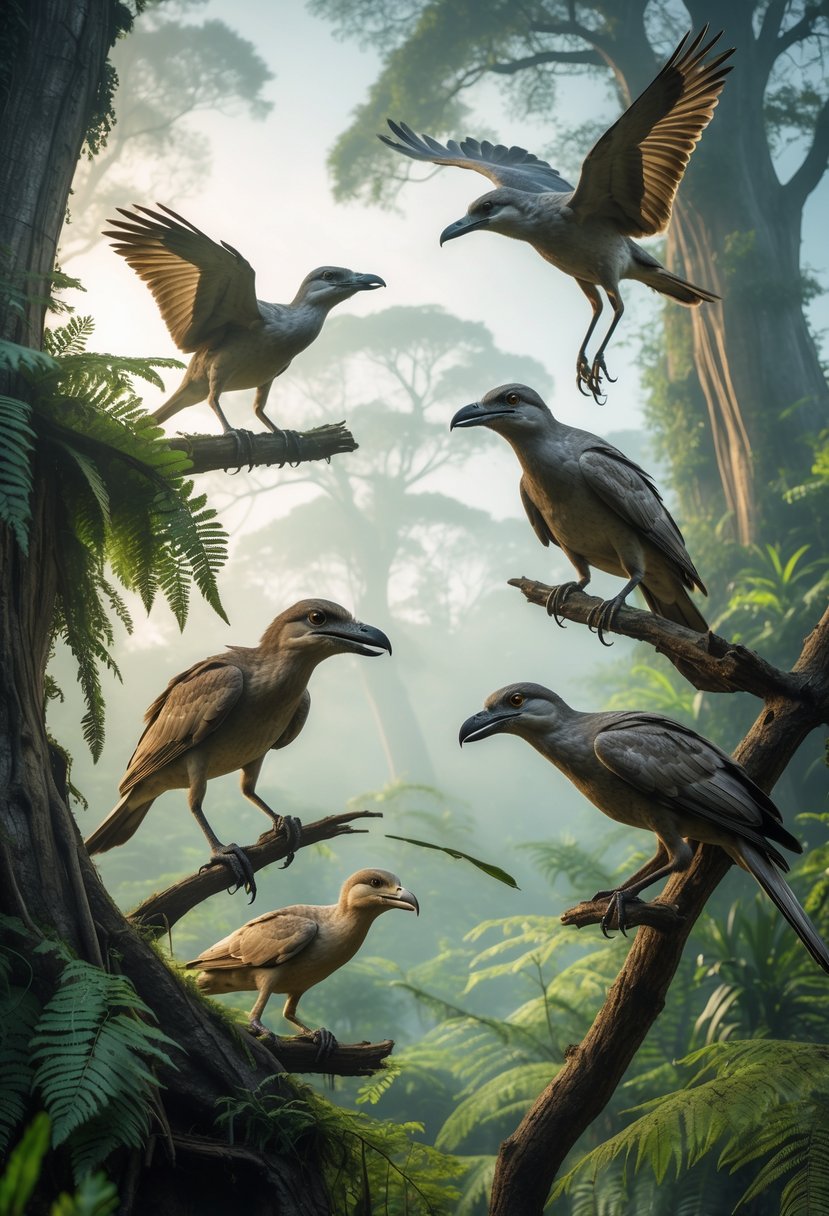 Several ancient birds with early feather features perched and flying in a dense prehistoric forest with tall trees and misty sunlight.