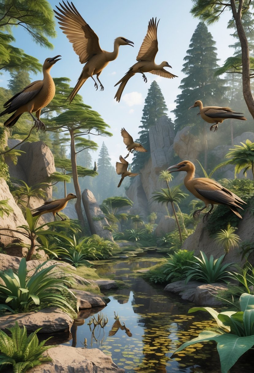 A prehistoric forest scene showing ancient birds with feathered wings and reptilian features perched on trees and flying over a pond surrounded by dense vegetation.