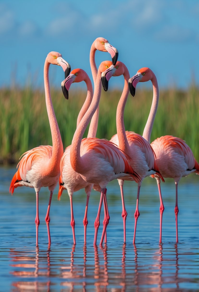 Seven Greater Flamingos with long necks standing together on calm water surrounded by green reeds.