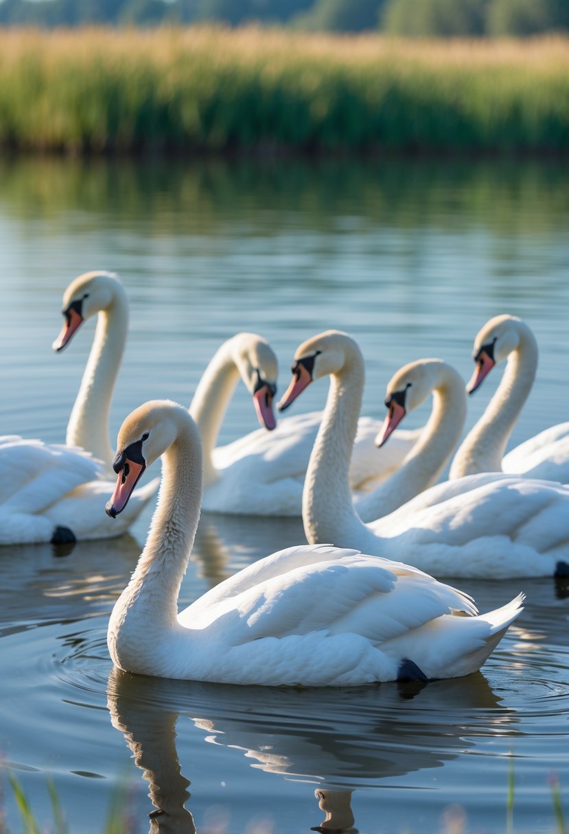 Seven mute swans with long necks floating on a calm lake surrounded by green reeds.