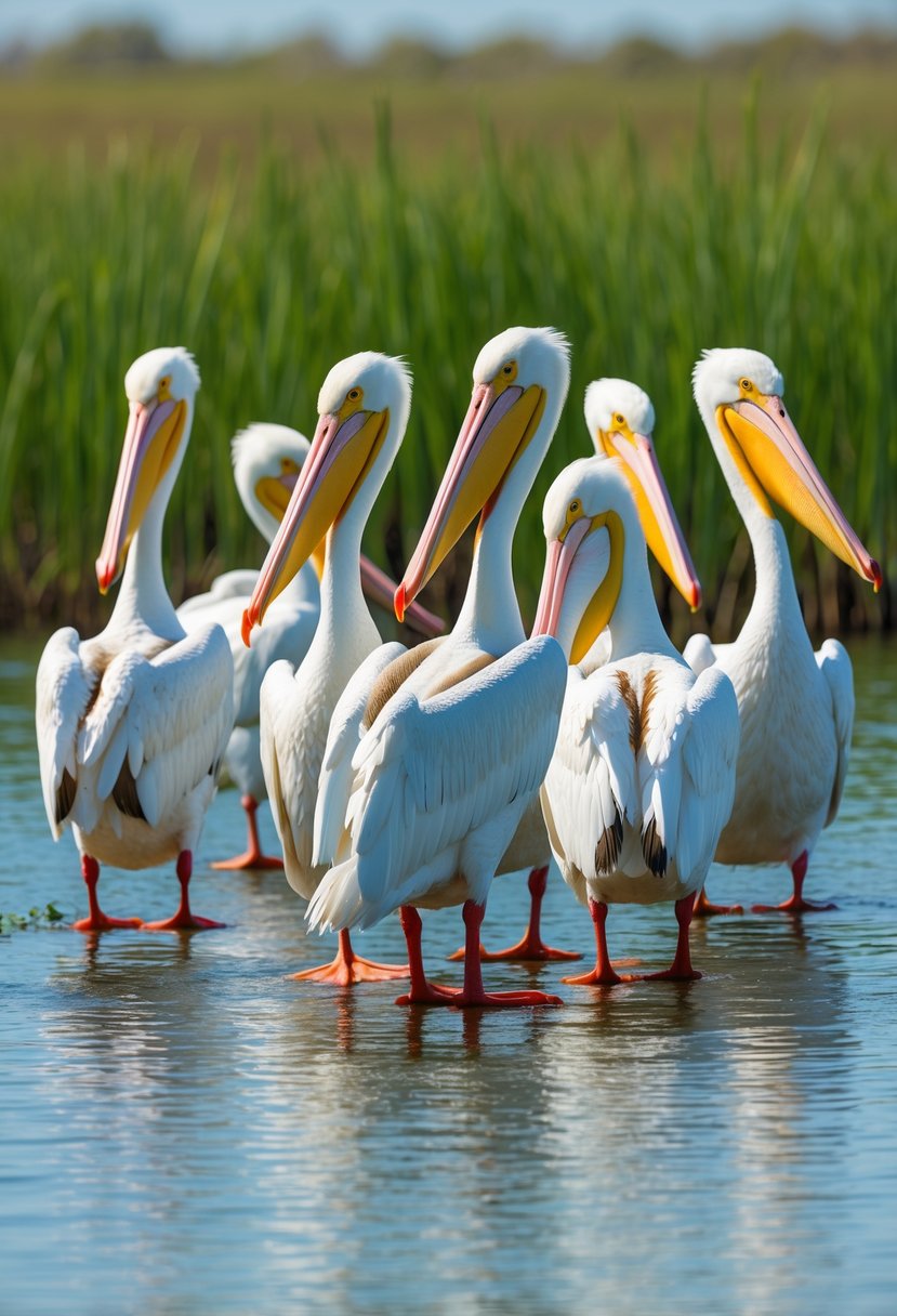Seven American White Pelicans with long necks standing together near water surrounded by green reeds.