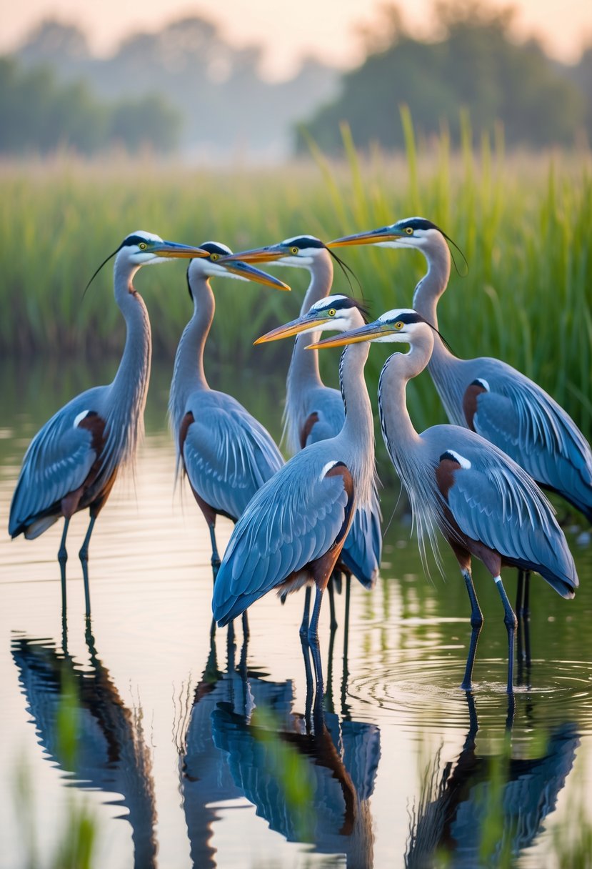 Seven Great Blue Herons with long necks standing together in a wetland with water and green reeds.