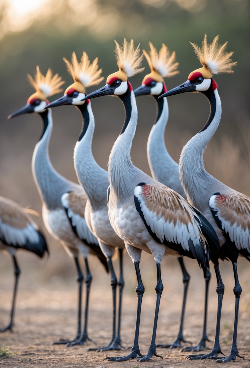 Seven African Crowned Cranes with long necks standing together in a natural outdoor setting.