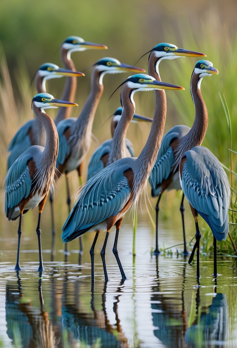 Seven green herons with long necks standing in a wetland area surrounded by reeds and water.