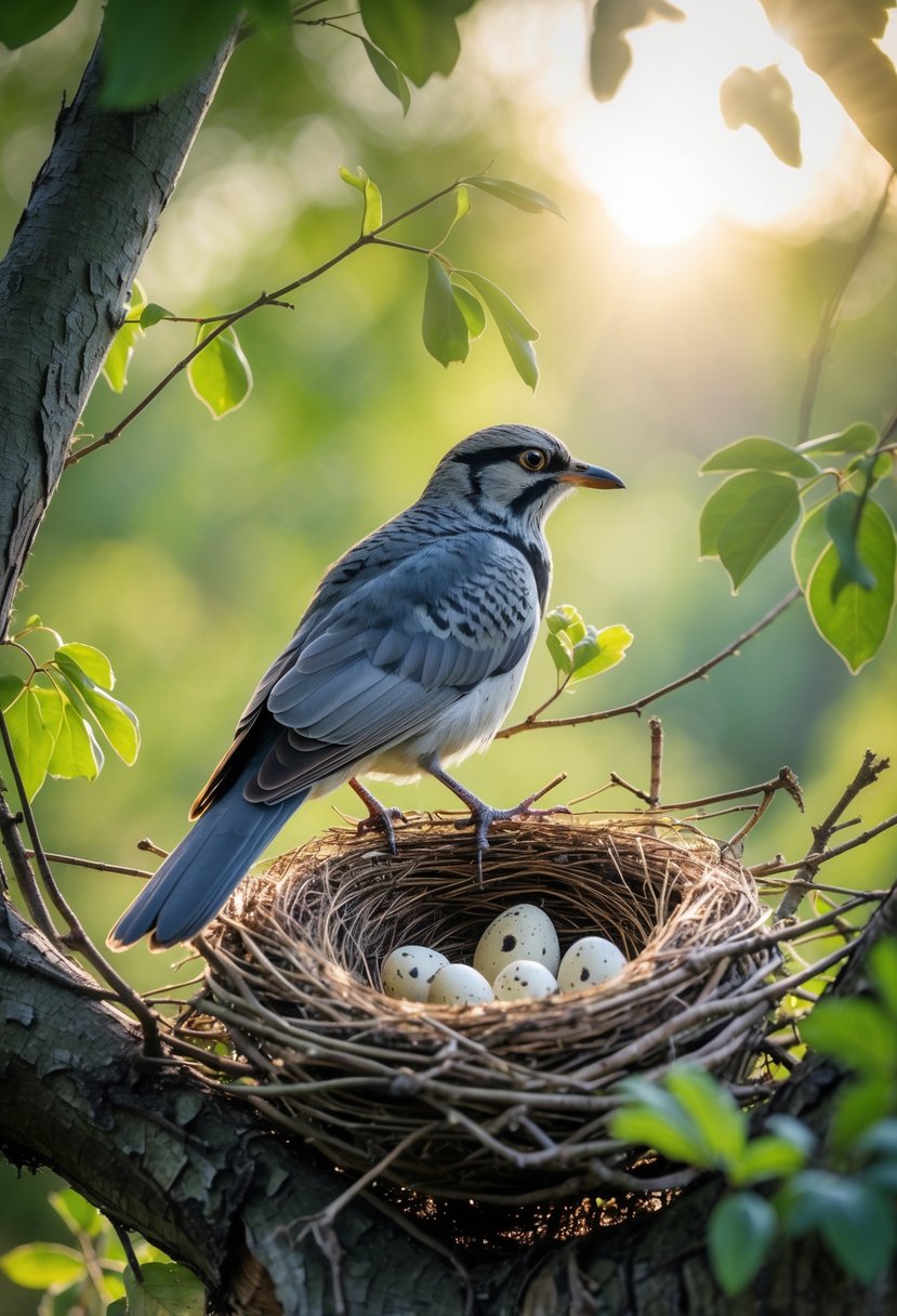 A cuckoo bird perched on the edge of a small songbird's nest containing speckled eggs in a green tree.