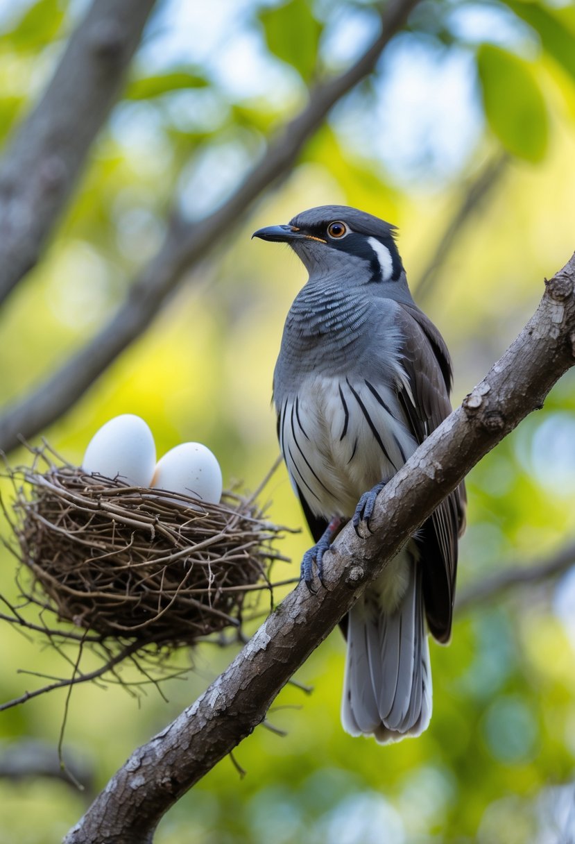 A common cuckoo bird perched on a tree branch near a nest containing eggs in a forest setting.