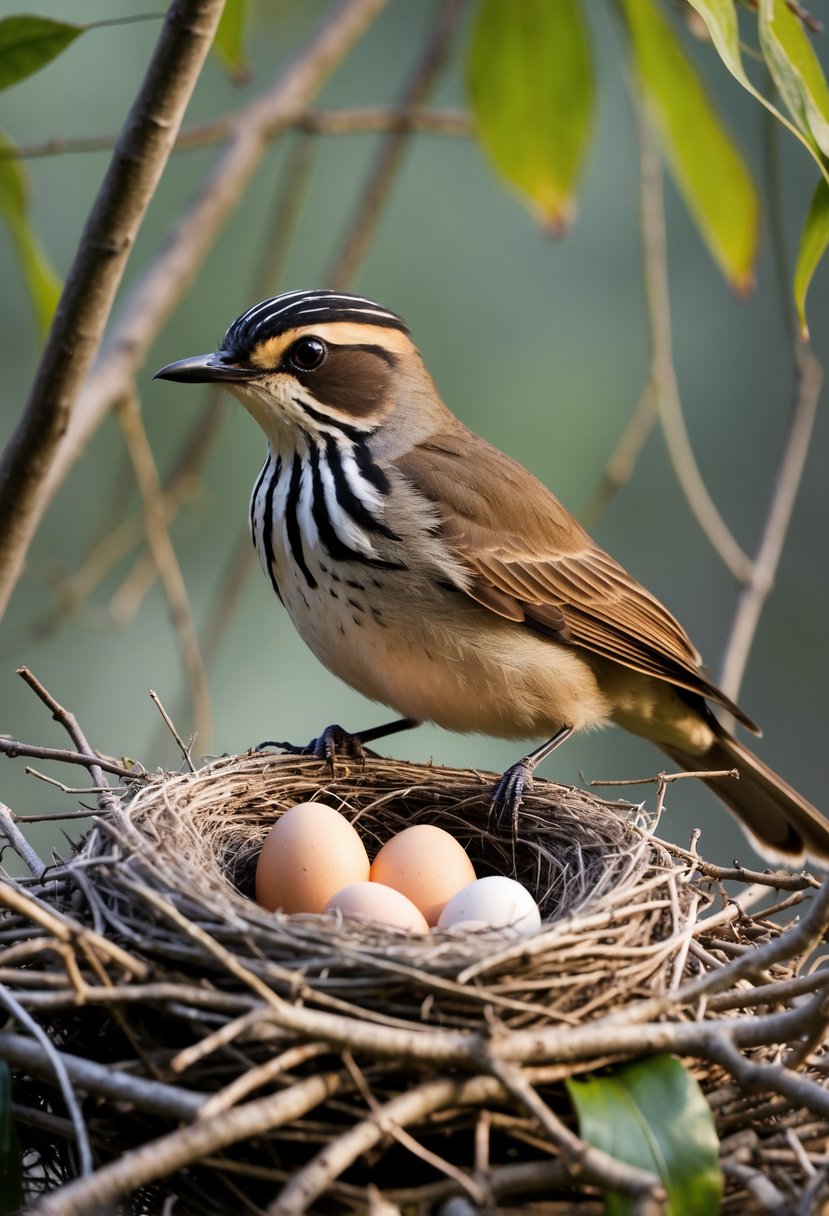 A honeyguide bird perched near a nest containing eggs in a natural forest setting.