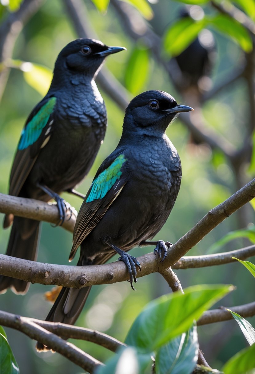 Two shiny black cowbird birds perched on tree branches surrounded by green leaves in a forest.
