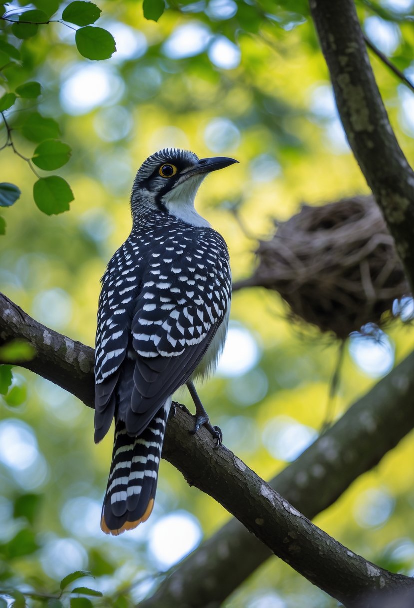A Great Spotted Cuckoo bird perched on a tree branch with green leaves and a bird's nest visible in the background.