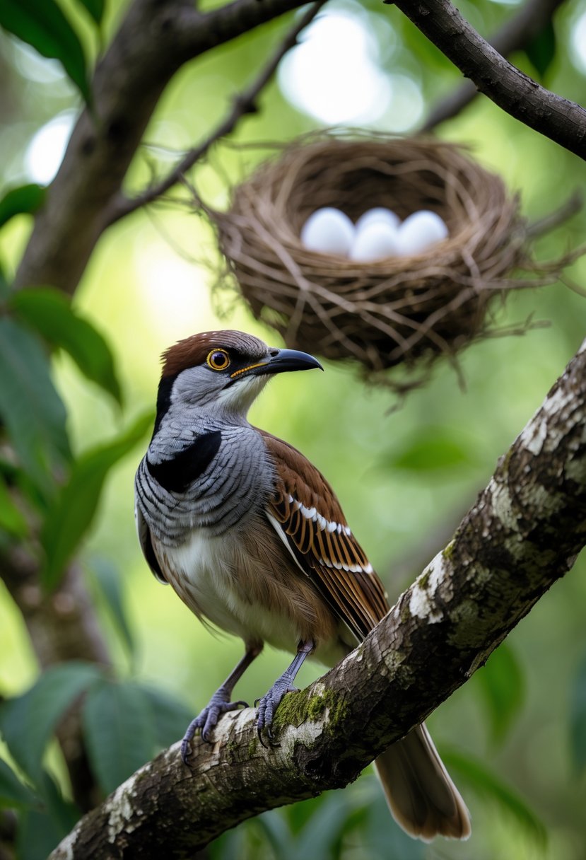 An African cuckoo bird perched on a tree branch near a nest containing eggs in a green forest.