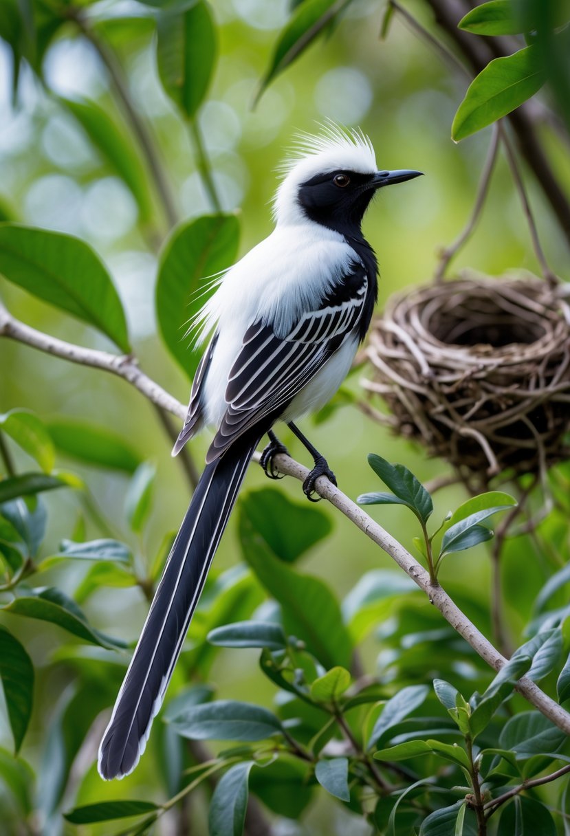 A Pin-tailed Whydah bird perched on a branch with green leaves and a nest visible in the background.