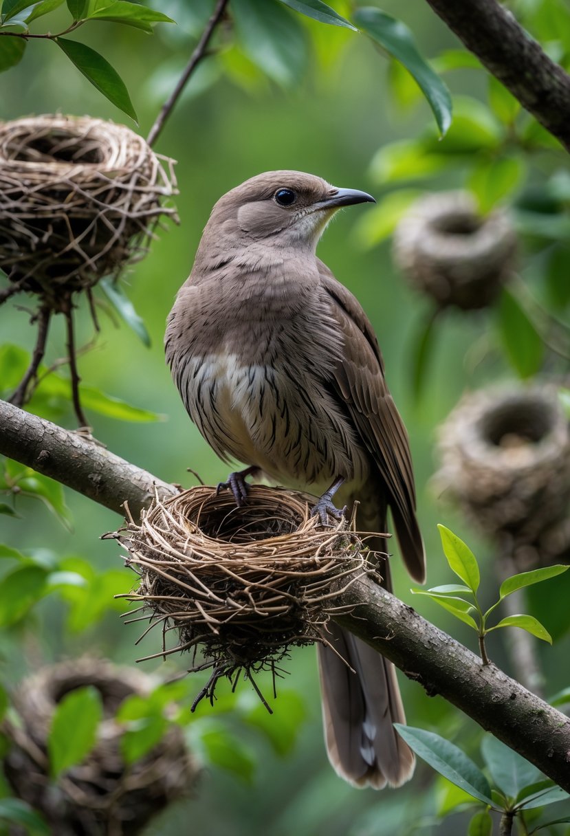 A dusky cuckoo bird perched on a tree branch near several nests in a green forest.