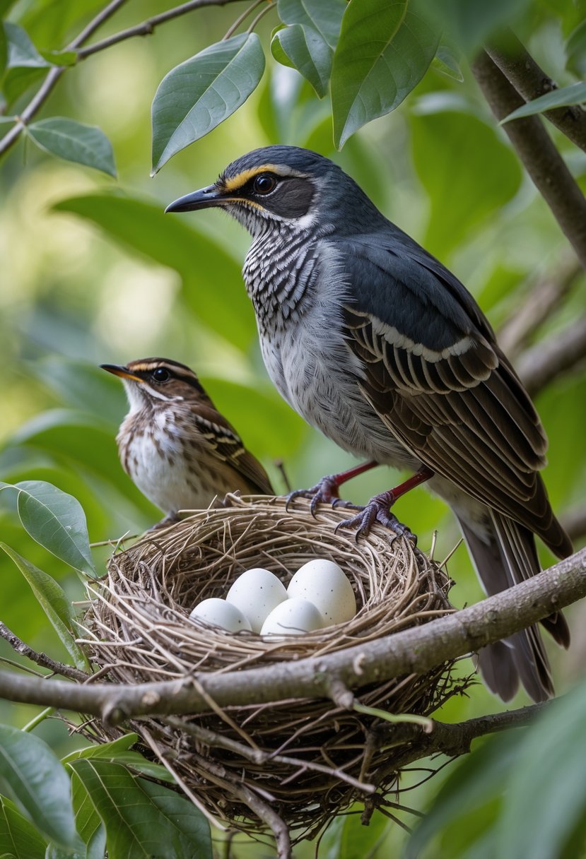 A cuckoo bird perched near a nest with eggs of another bird species in a leafy tree, with a smaller bird nearby watching the nest.