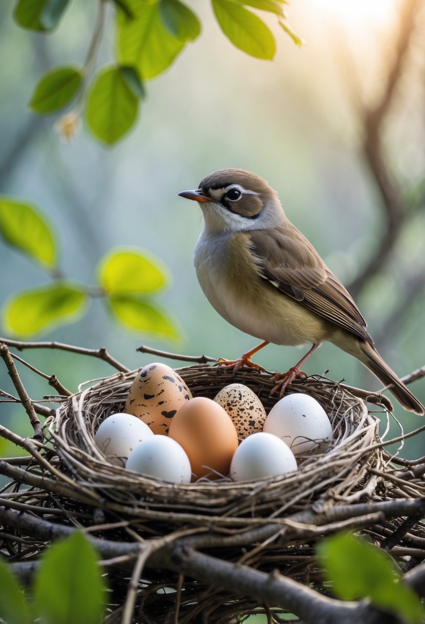 A small songbird perched near a nest containing several eggs, including one larger, differently colored egg, in a leafy woodland setting.