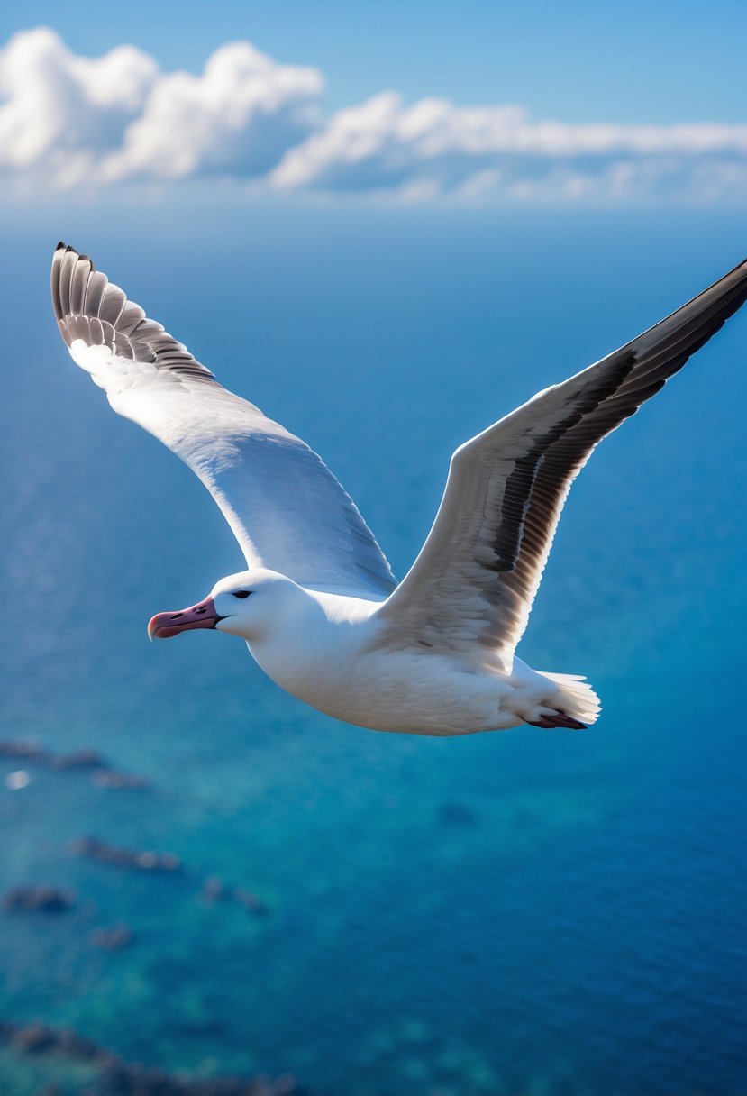 A Wandering Albatross flying with wings fully spread over the ocean under a blue sky.