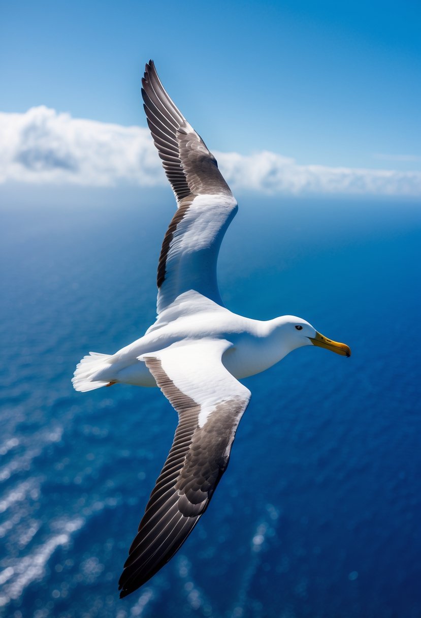 A Southern Royal Albatross flying over the ocean with its wings fully spread against a blue sky.