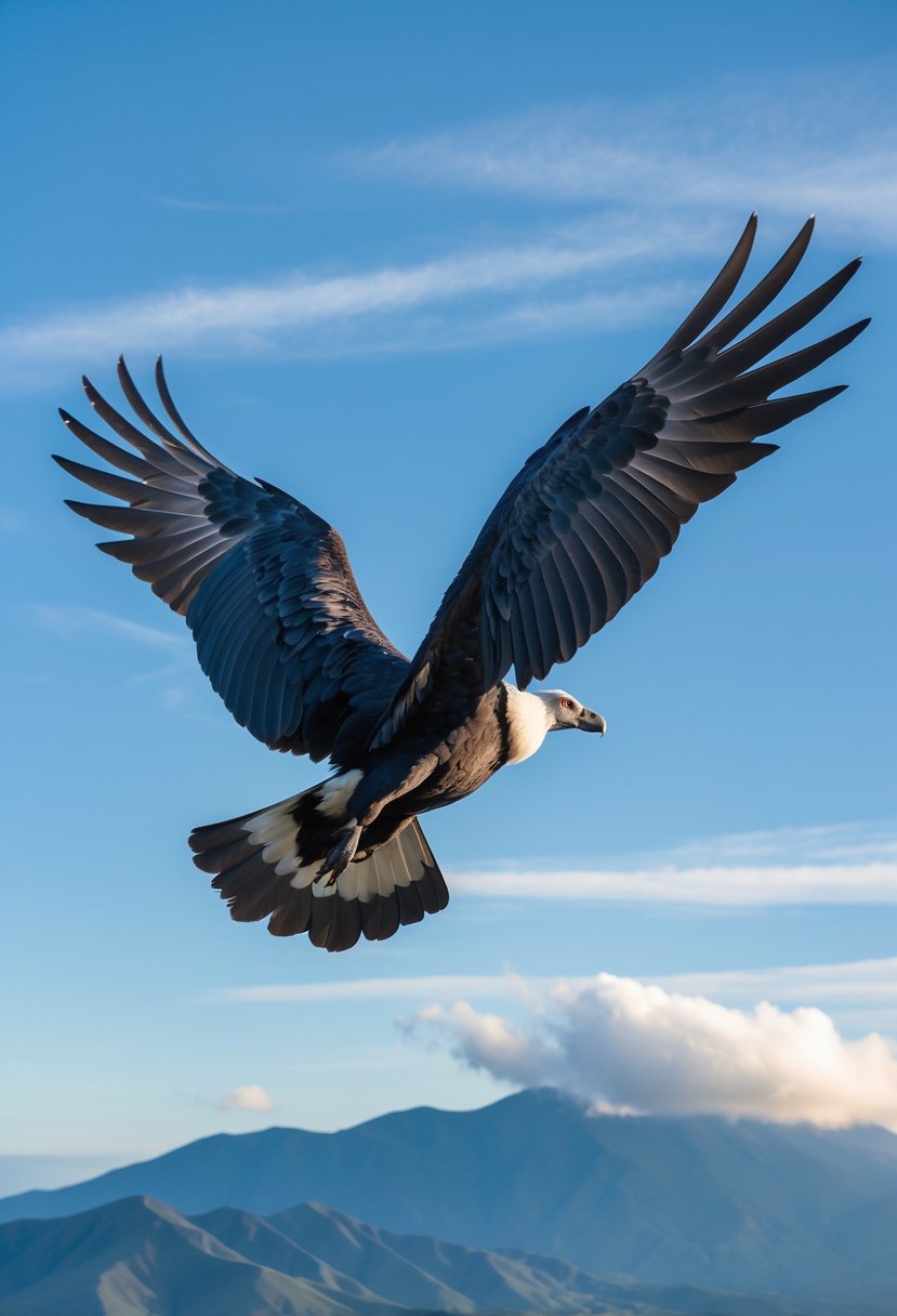 An Andean Condor flying with wings fully spread against a blue sky and mountains in the background.