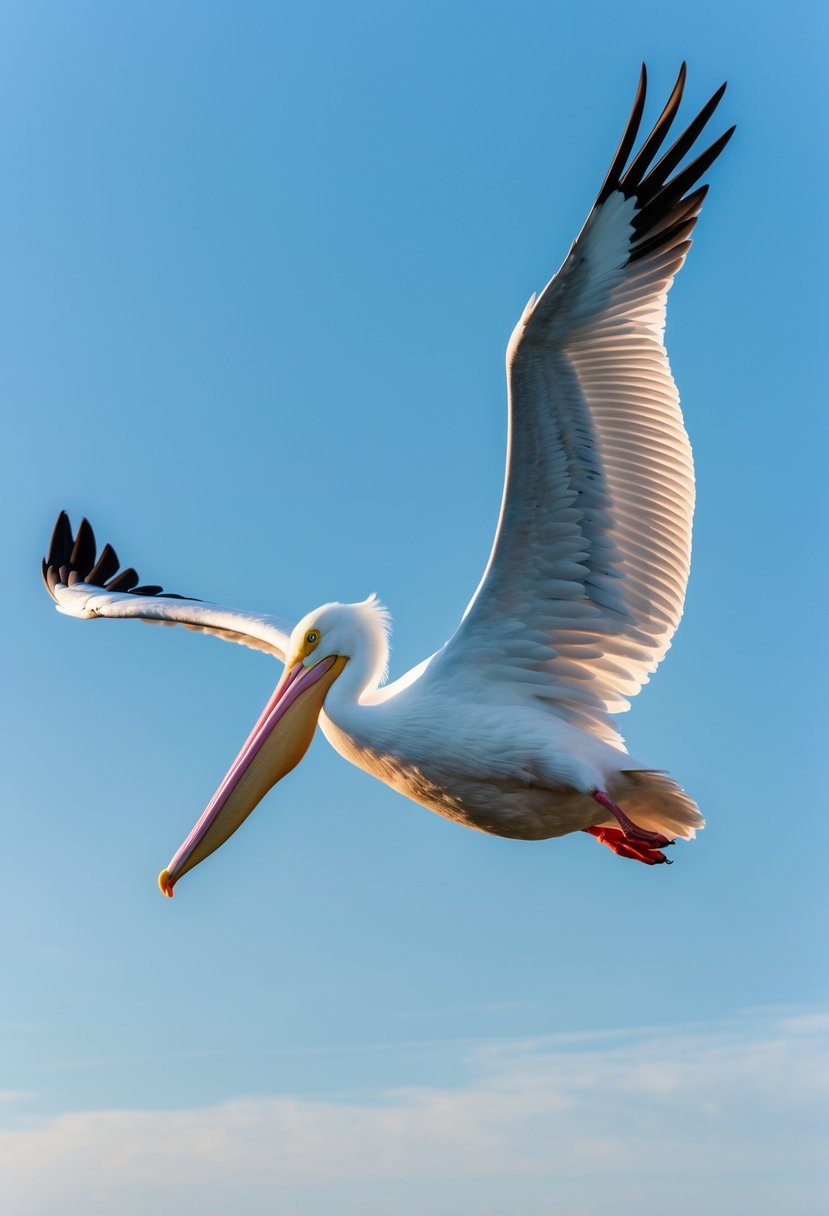 A Great White Pelican flying with its wings fully spread against a clear blue sky.