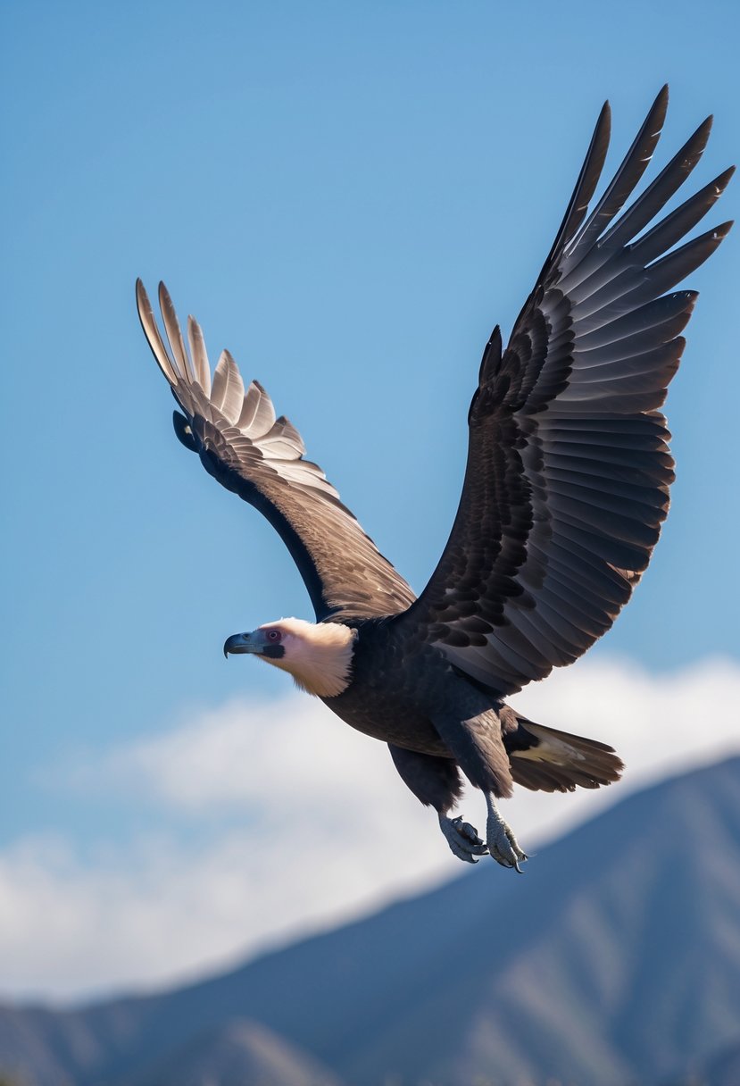 A California Condor flying with its wings fully spread above a mountainous landscape under a clear blue sky.