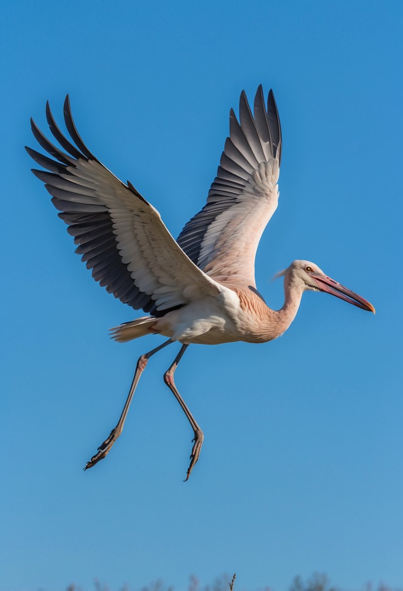 A Marabou Stork flying with its wings fully extended against a clear blue sky.