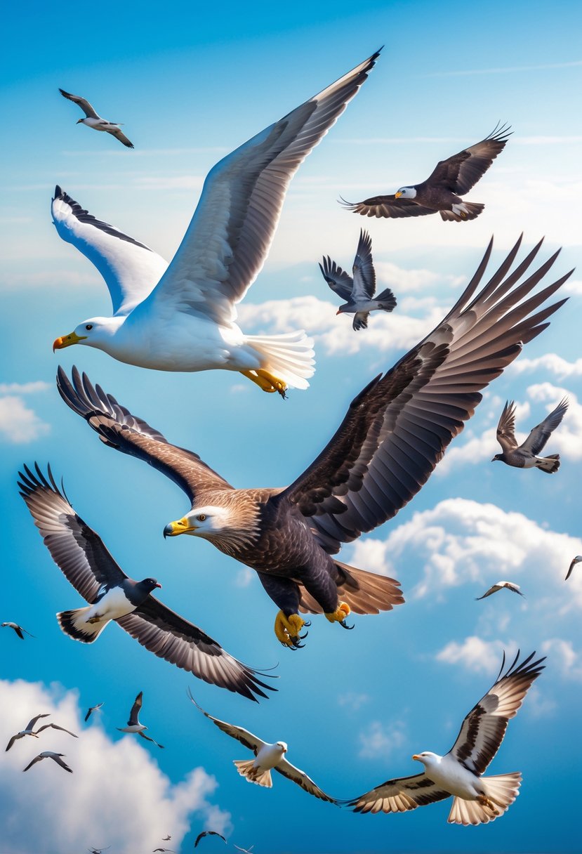 Several birds flying in a clear blue sky, including an albatross, condor, eagle, and smaller birds, showing different wingspan sizes.