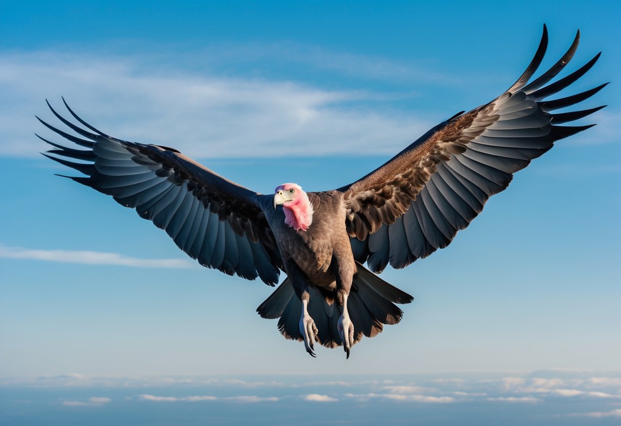 A Rüppell's Griffon Vulture flying high in the clear blue sky with wings fully spread.