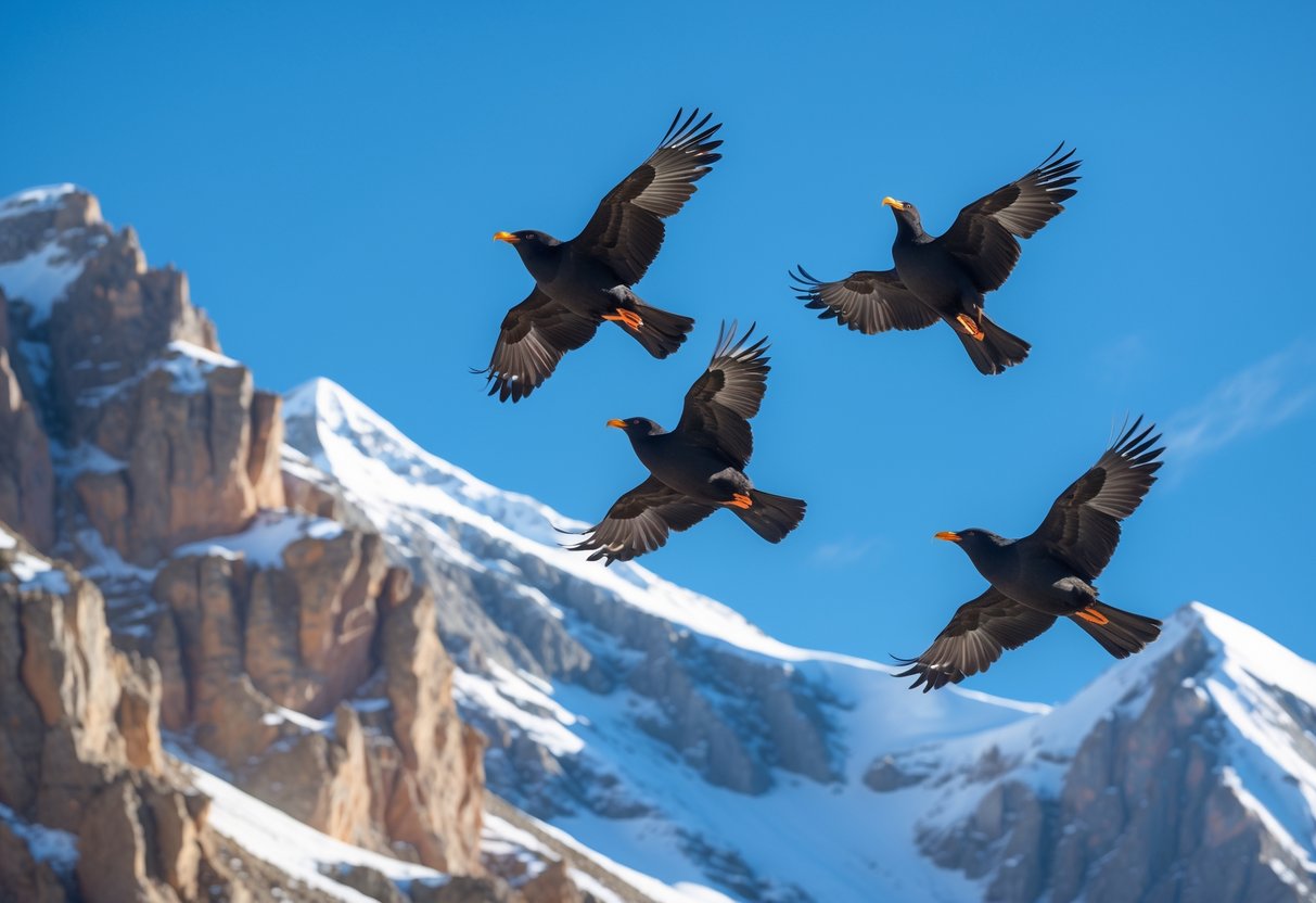 Alpine chough birds flying high above snow-covered mountains and rocky cliffs under a clear blue sky.