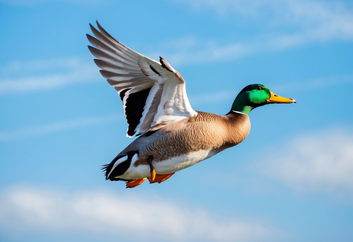 A mallard duck flying with wings fully extended against a clear blue sky.