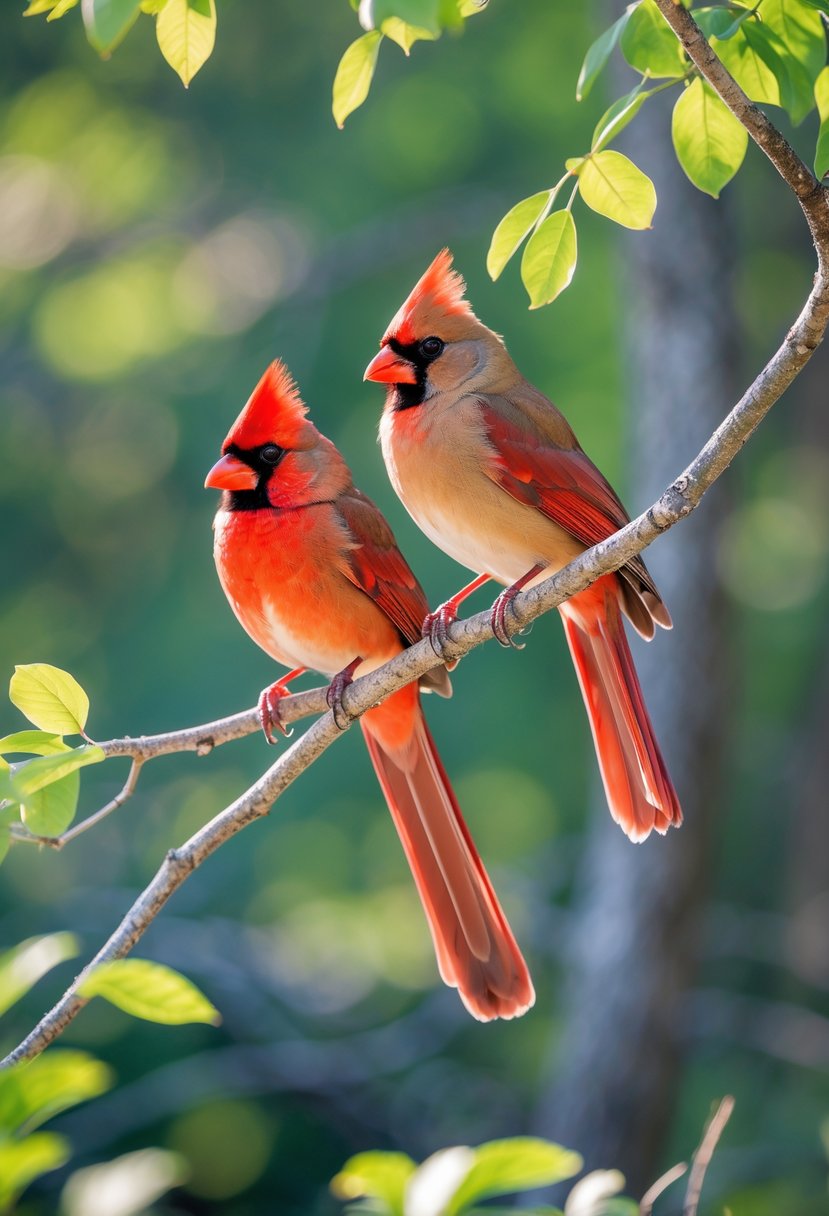 Two Northern Cardinal birds perched on a tree branch surrounded by green leaves.