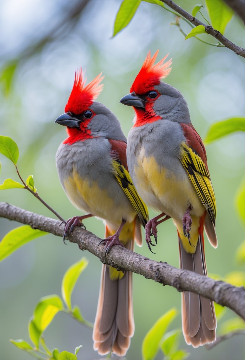Two Pyrrhuloxia birds with red crests perched on a tree branch surrounded by green leaves.