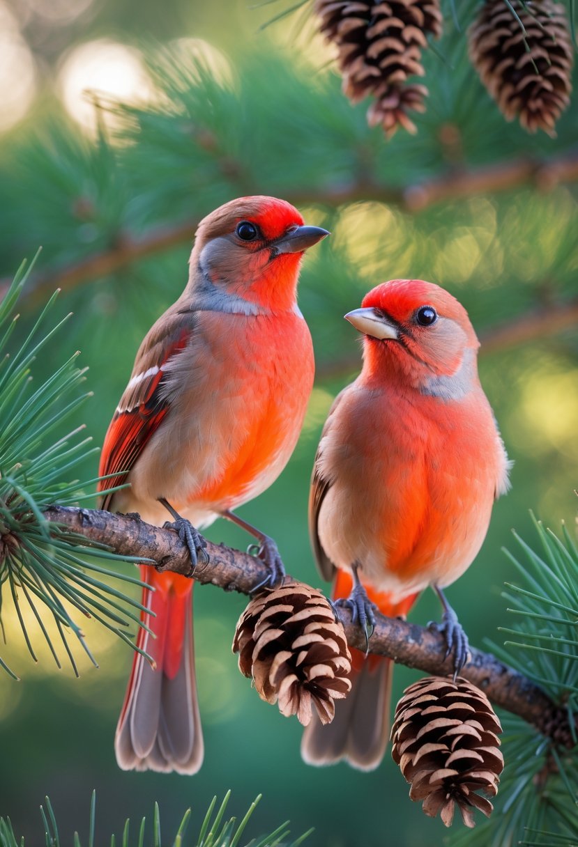 Two red crossbill birds with crossed bills perched on a pine tree branch surrounded by green pine needles.