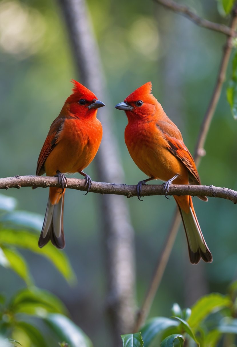 Two red Hepatic Tanager birds perched on a tree branch surrounded by green leaves.