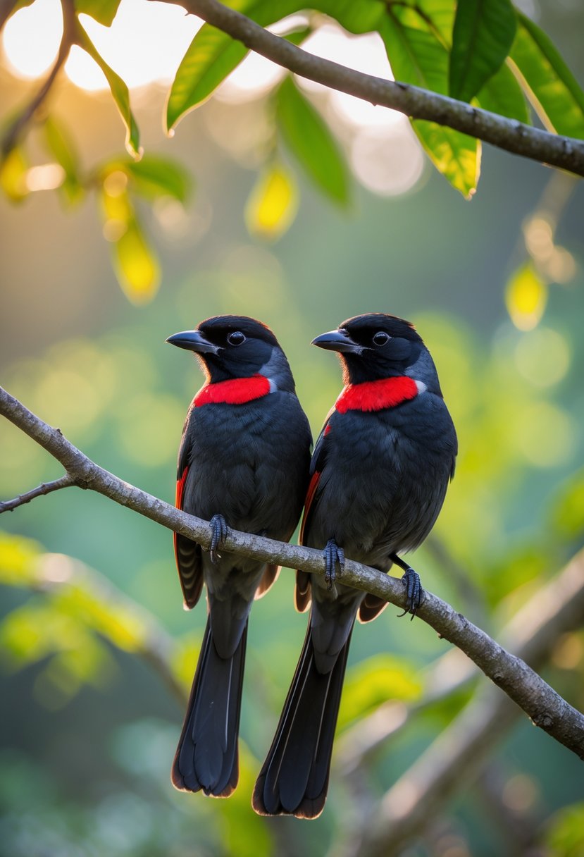 Two crimson-collared tanager birds perched on a tree branch surrounded by green leaves.