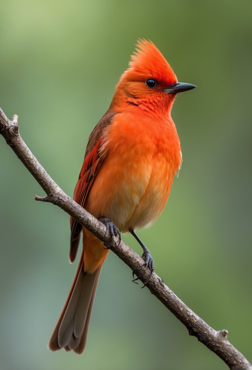 A bright red vermillion flycatcher bird perched on a tree branch with a green forest background.