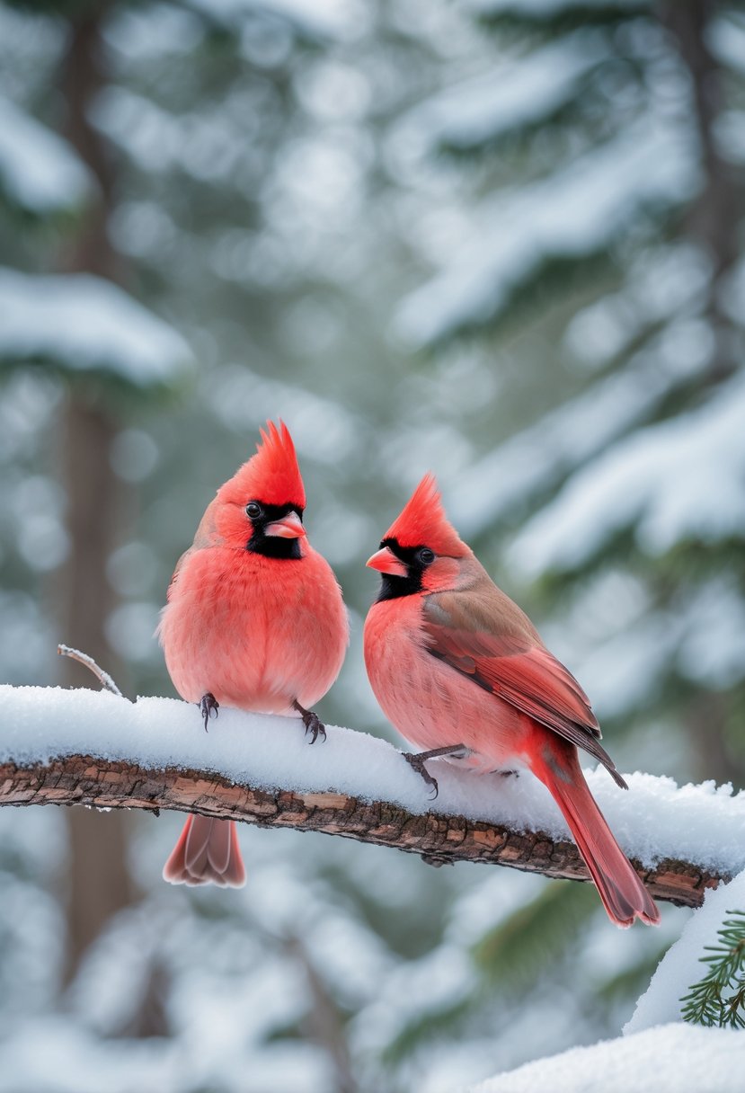 Two Pine Grosbeak birds with red and pink feathers perched on a snowy branch in a winter forest.
