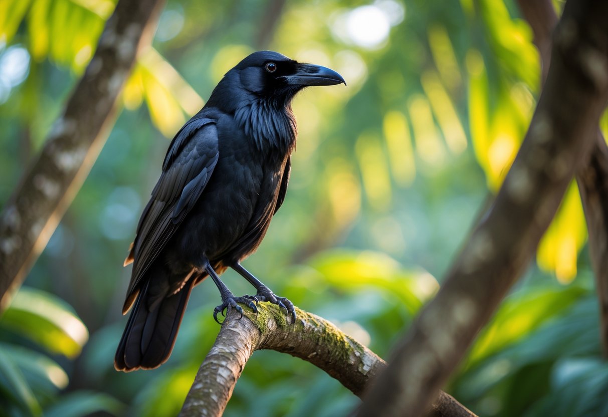 A New Caledonian crow perched on a tree branch in a tropical forest with green leaves in the background.