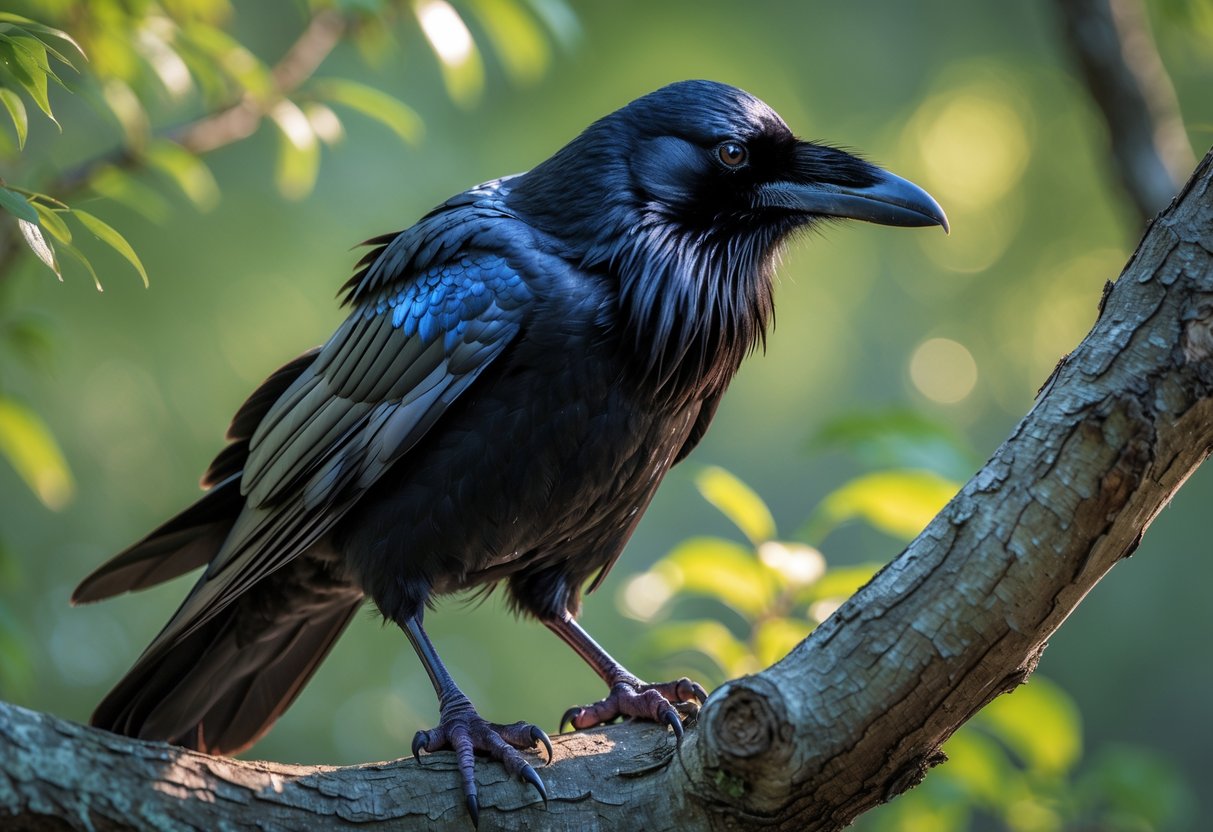 A raven perched on a tree branch in a forest with green leaves in the background.