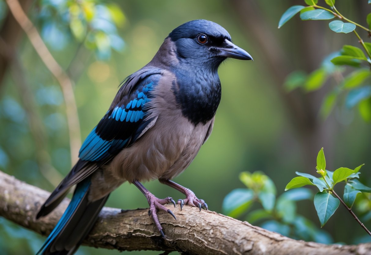 A jackdaw bird perched on a branch surrounded by green foliage.