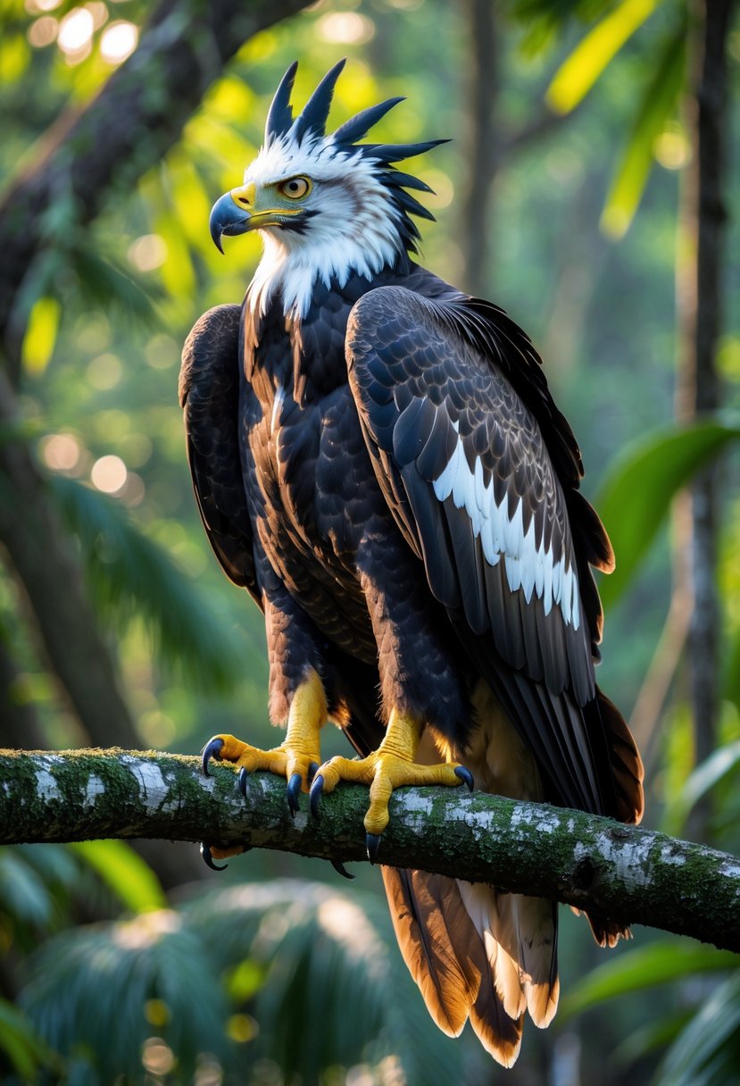 A Harpy Eagle perched on a tree branch in a tropical rainforest, showing its strong beak, sharp eyes, and large talons.