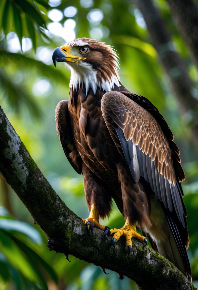A Philippine Eagle perched on a tree branch in a tropical rainforest.