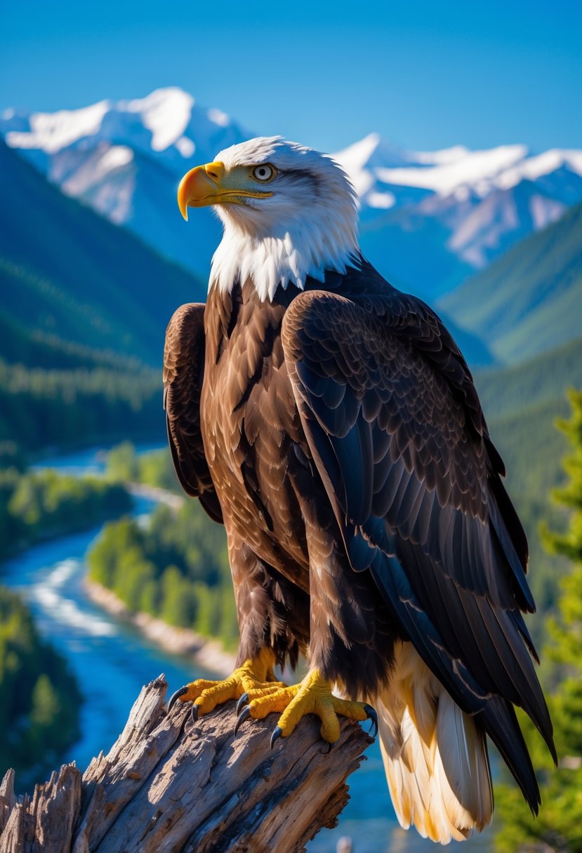 A bald eagle perched on a tree branch with mountains and forests in the background.