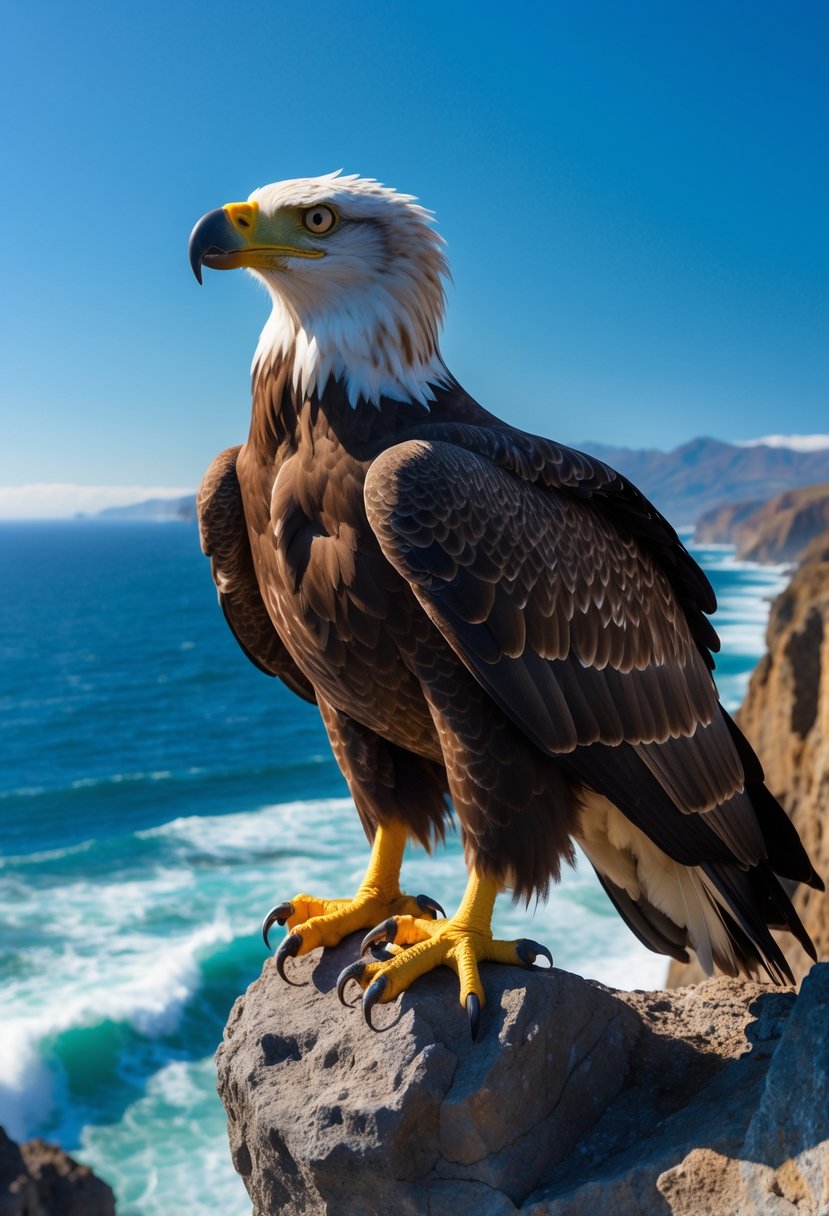 A Stellar's sea eagle perched on a coastal cliff overlooking the ocean with waves and distant mountains.